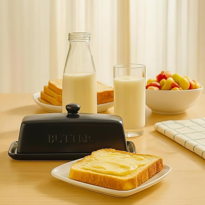 WERTIOO Butter Dish with Lid, Ceramic Butter Dish with Lid for Countertop for 1 Stick. Textured Tray with Stainless Steel 3 in 1 Butter Spreader, Microwave and Dishwasher Safe, Black
