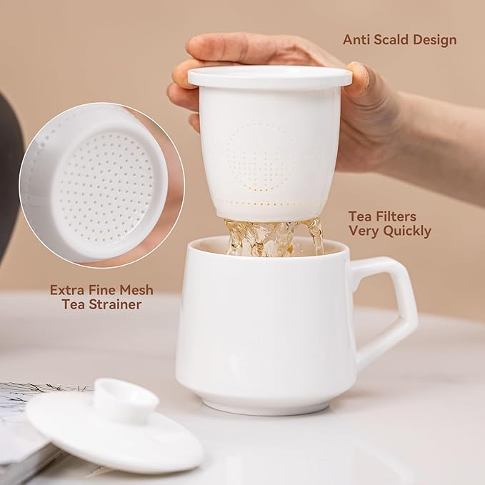 Ceramic Tea Mug with Infuser & Lid - 15.2oz Glowing Jade Porcelain Mug - Translucent Artisan Cup - Loose Leaf Tea Cup with Infuser,Insulated Ceramic Coffee Mugs with Lid, Gift for Women/Men