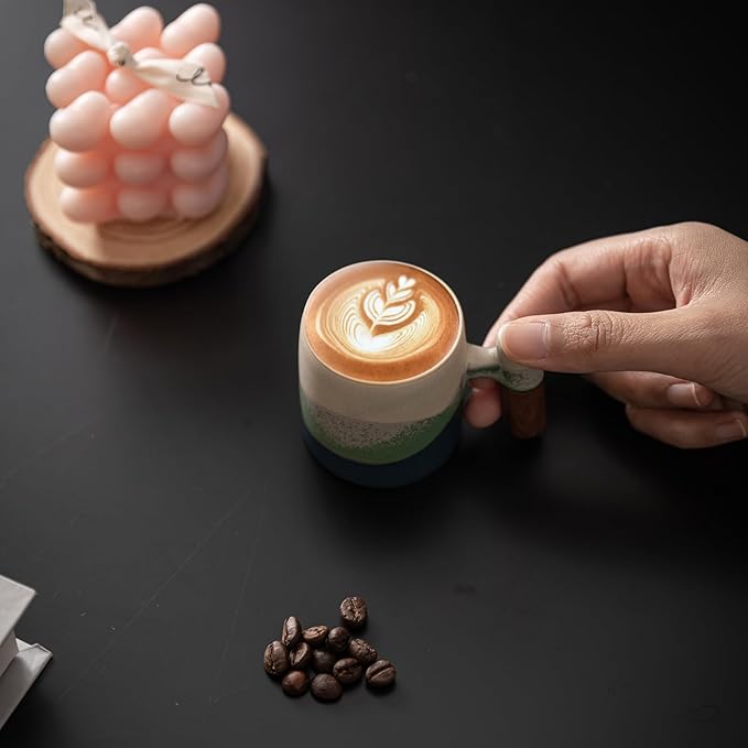 2-Oz Ceramic Espresso Cups with Wood Handle, 2/4-Piece Set for Coffee, Tea, Latte - Dishwasher Safe, Multi-Color & Wood Styles, Gift & Café Use (Kiln turning pink, Wooden Handle2)