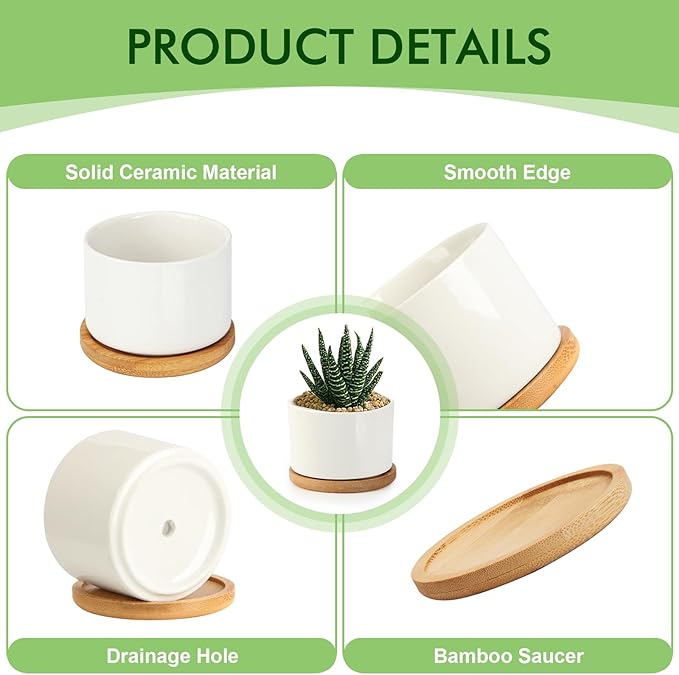 ZOUTOG Ceramic Succulent Pots 8 Pack,3.6 Inch Plant Pots,Succulent Planters with Drainage Hole & Bamboo Tray for Indoor Plants,White Small Flower Planters for Home,Office,Desk