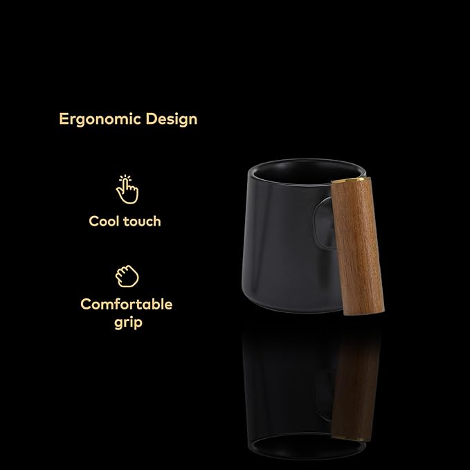ChefWave Artisan Series Ceramic Coffee Mug with Bamboo Handle (Black) - Sleek, Modern Design, Perfect for Coffee, Tea or Cocoa