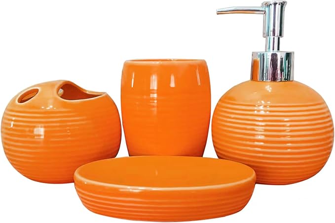 Orange Bathroom Accessories Set 4 Pcs, Ceramic Bathroom Accessory Set with Lotion Soap Dispenser, Toothbrush Holder, Bathroom Tumbler and Soap Dish,Orange Bathroom Decor