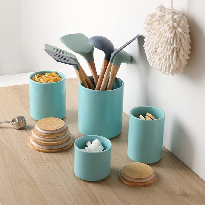 Sweejar Kitchen Canisters Ceramic Food Storage Jar Set, Stackable Containers with Airtight Seal Wooden Lid for Serving Ground Coffee, Tea, Herbs, Grains, Sugar, Salt - Set of 4 (Turquoise)