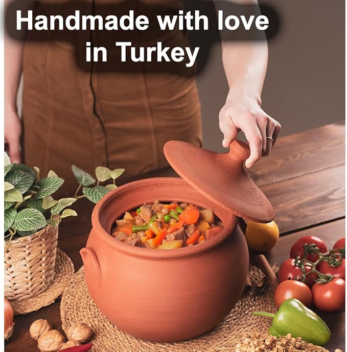 Earthenware Clay Mud Eathern Terracotta Cooking Pot Pottery Cazuela Cookware with Lid Natural Stovetop Stove Top Stone Stew Rice Unglazed Mexican Indian Kitchen Oven Terra Cotta Handcrafted Traditional Healthy (5.2 Quarts - Size2)
