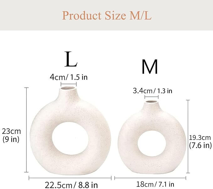 White Ceramic Donut Vase Set of 2, Big Hollow Round Matte Pampas Flower Vases for Boho Home Wedding Party Room Dinner Table Shelf Decor.