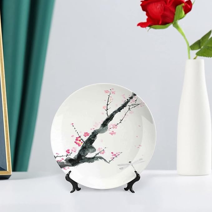 XISUNYA 10 Inch Decorative Plate, Dragonfly Tableware Plate, Branch of Pink Cherry Blossom Sakura Tree Bud and Dragonfly Print Ceramic Wall Hanging for Home Office Party Dinner Table Decor