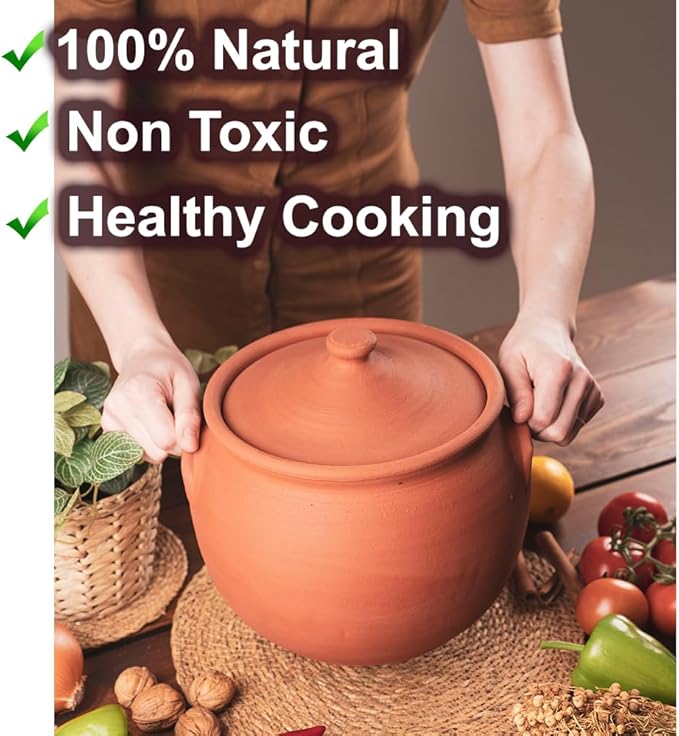 Large Earthenware Clay Mud Eathern Terracotta Cooking Pot Pottery Cazuela Cookware with Lid Natural Stovetop Stove Top Stone Stew Rice Unglazed Mexican Indian Kitchen Oven Terra Cotta Handcrafted Traditional Healthy (7.3 Quarts - Size3)