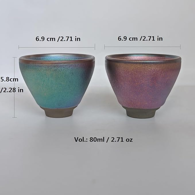 Jianzhan Ceramic Teacup, Kung Fu Tea Set, 80ml /2.71 oz Small Cup, Tenmokus Tea Cup Kiln Fired and Kiln Change Pattern and color, Yerba Mate Cup Set of 2