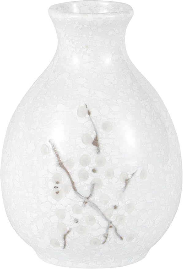 Japanese Plum Blossoms 5 Piece Sake Set 9.5 fl oz Bottle and 4 Cups Porcelain (White)