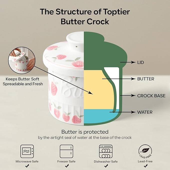 Toptier Butter Crock for Counter With Water Line, On Demand Spreadable Butter, Ceramic Butter Keeper to Leave On Counter, French Butter Dish with Lid (Strawberry)