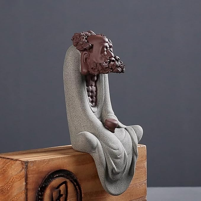 Handmade Purple Sand dysfunction Statue Meditation Ancestor Ceramic Sculpture Creative Tea pet Home Tea Room Tea Table Office Decoration Ornament (Gray Green)