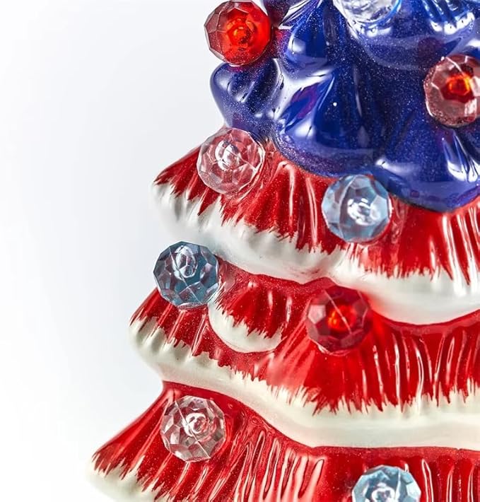 4th of July Patriotic Ceramic Christmas Tree Night Light, 6-Inch Plug-in Vintage Holiday Lamp with 28 Red White Blue Lights, 360° Rotating UL Plug, Warm Glow & Bulb Included (USA Flag)