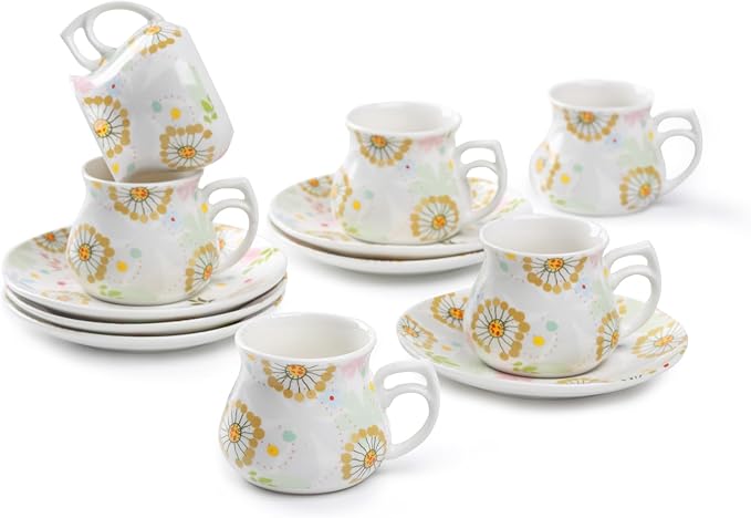 GuangYang 12 pieces Expresso Cups and Saucers for 6 People,2 oz Turkish Coffee Cup set of 6,Lucky Floral Pattern,Good Gift Set