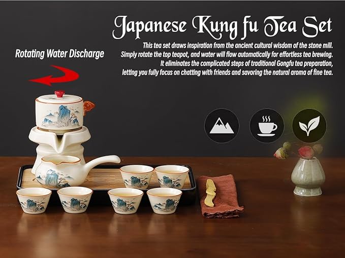 Semi Automatic Tea Set Magic Teapot with 6 cups Japanese Teapot Set,Chinese Gongfu Tea Set Ceramic Teapot with Infuser (Jiangshan-Automatic)