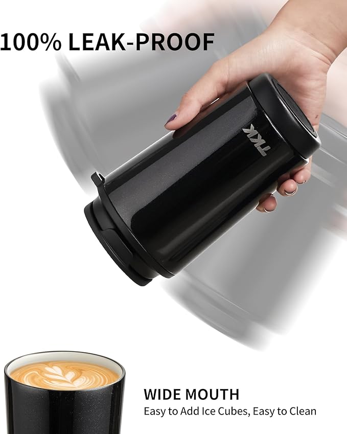 TKK Coffee Cup with Ceramic Coating - 14oz Insulated Stainless Steel Travel Mug, Leak-Proof Tumblers with Straw for Hot/Cold Beverages, Easy Wide Mouth Cleaning, Black