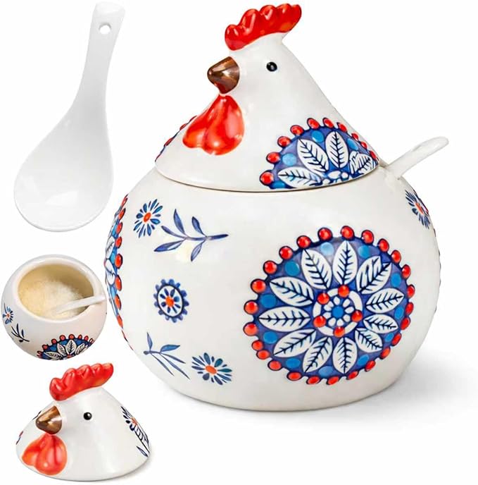 13oz ceramic lidded spice jar with a small spoon. Features a cute country rooster design, perfect for kitchen countertop decor. Suitable for storing salt, spices, coffee, candy, and sugar.