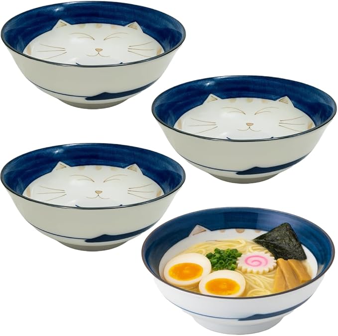 JapanBargain, Set of 4 Japanese Porcelain Bowls, Large 7.5 Inch Ramen Udon Noodle Rice Soup Pho Poke Cereal Bowl, Maneki Neko Smiling Lucky Cat Pattern, Blue, Made in Japan