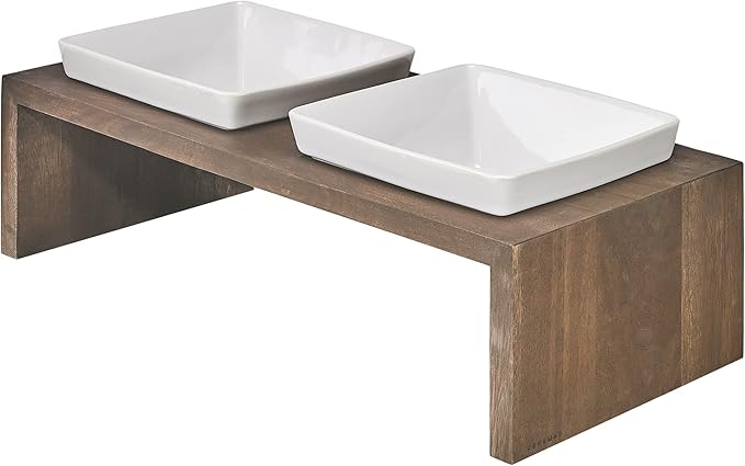 Bowsers Artisan Diner Double Dog Feeder - Handcrafted Rubberwood Frame with Square Ceramic Bowls Feeder for Dogs - Walnut, Medium, 22" x 10" x 6"