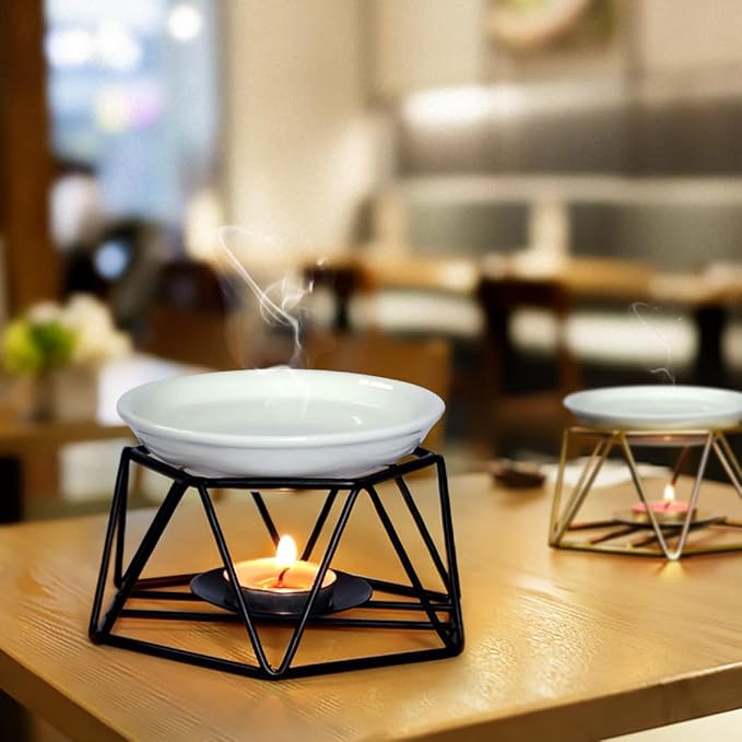 SXCHEN Delicate Romantic Hexagon Shaped Geometric Design Ceramic Tealight Candle Holder Oil Burner, Essential Oil Incense Aroma Diffuser Furnace Home Decoration Stylish Design Black Metal