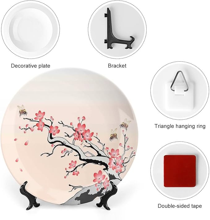 XISUNYA 10 Inch Decorative Plate, Janpese Decor Ceramic Stoneware, Flowering Cherry Branch with Flying Bees Summer Print Ornament Display Plate Handmade Plate Wedding Christmas Thankgiving Gifts