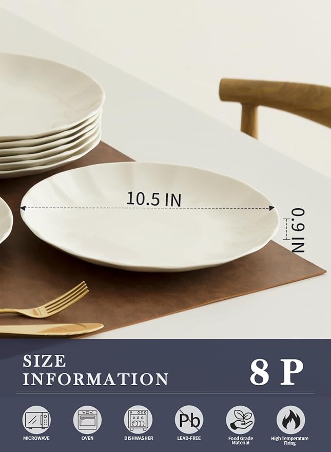 10.5 Inch Porcelain Large Dinner Plates Set of 8,White Round Petal Appetizer Salad Plates, Ceramic Dinnerware Serving Plate for Pancakes, Steak, Pasta, Pizza, Microwave, Dishwasher Safe