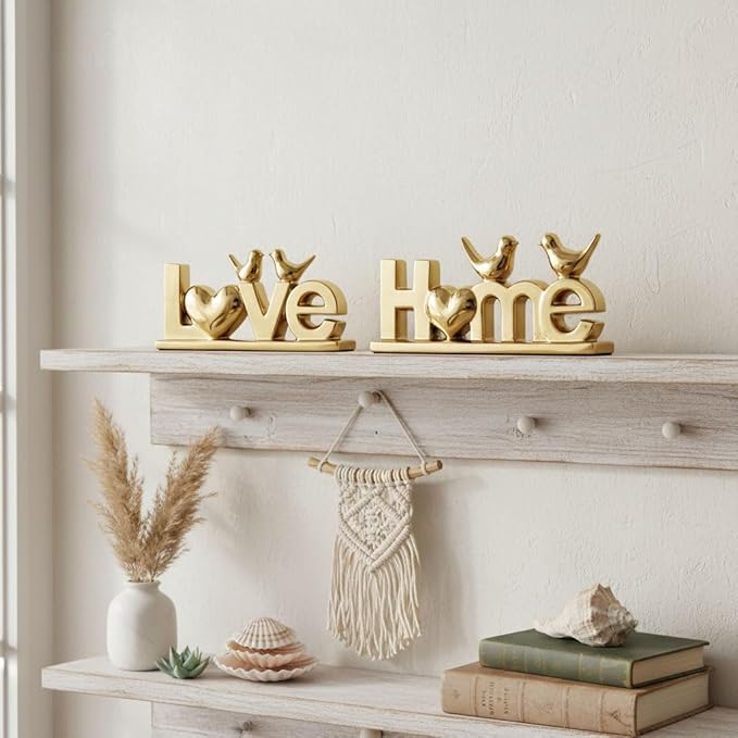 Ceramic Love & Home Sign Decor with Bird Statues Set 2,10" Modern Gold Tabletop Sculptures for TV Stand,Floating Shelf & Entryway,Romantic Wedding & Warm Housewarming Gift Set (Gold)