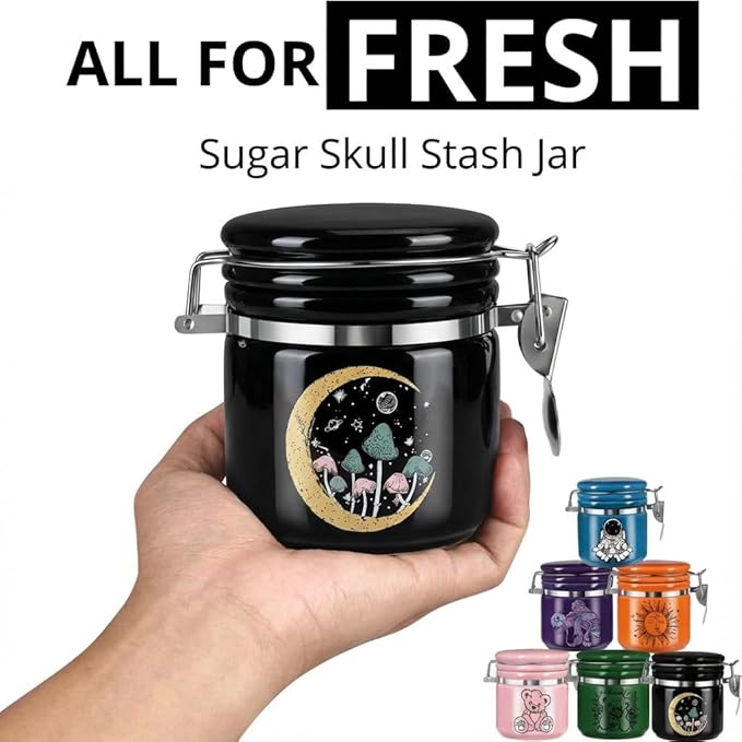 Mushroom Smell Proof Container Half Oz (250ml), Separate Space for Humidity Pack To Keep Herbs Fresh For Months - Cute Girly Stash Jar, Smell Proof Case Airtight Storage Holder Accessories - Black