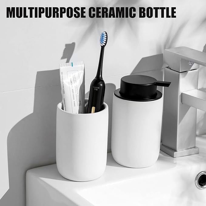 Hand Soap Dispenser for Bathroom Decro, Ceramic Liquid Pump Bottles Refillable Dish Dispenser for Kitchen Farmhouse Colleage Dorm, Matte White