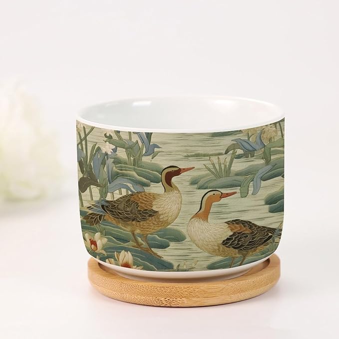 Set of 2 Green Water Lily Chinoiserie Flower Small Pot for Flowers and Duck Garden Ceramics Planters for Indoor Plants Chinoiserie Chic Succulent Planters for Indoor