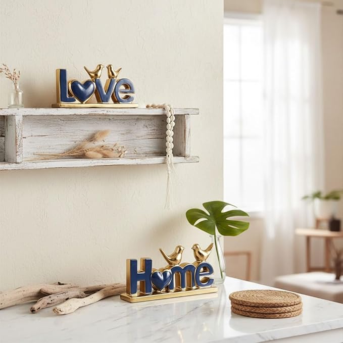 Ceramic Love & Home Sign Decor with Bird Statues Set 2,10" Modern Blue Gold Tabletop Sculptures for TV Stand,Floating Shelf & Entryway,Romantic Wedding & Warm Housewarming Gift Set (Blue)