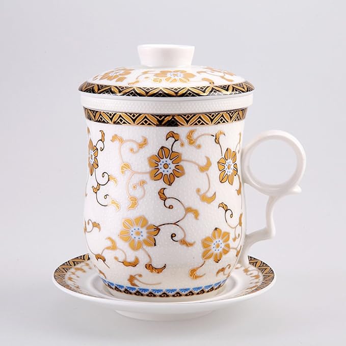 Porcelain Tea Cup with Infuser Lid and Saucer Sets - Chinese Jingdezhen Ceramics Coffee Mug Teacup Loose Leaf Tea Brewing System for Home Office