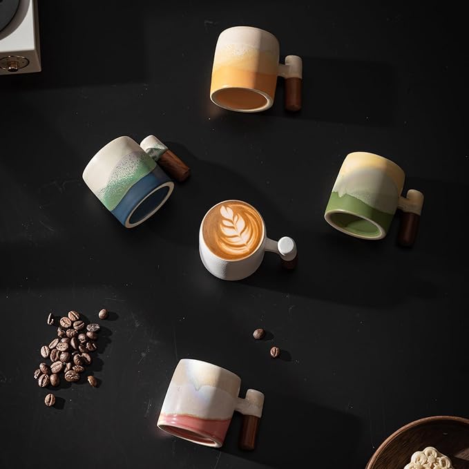 2-Oz Ceramic Espresso Cups with Wood Handle, 2/4-Piece Set for Coffee, Tea, Latte - Dishwasher Safe, Multi-Color & Wood Styles, Gift & Café Use (Kiln turning blue, Wooden Handle2)