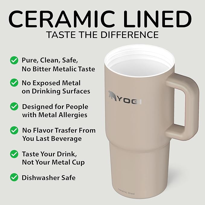 YOGI Ceramic Lined Metal Allergy Safe 24oz Tumbler with Handle and Straw Leakproof Flip & Sip Lid Vacuum Insulated Stainless Steel Travel Cup for Iced Coffee Water and All-Day Hydration 24oz Driftwood