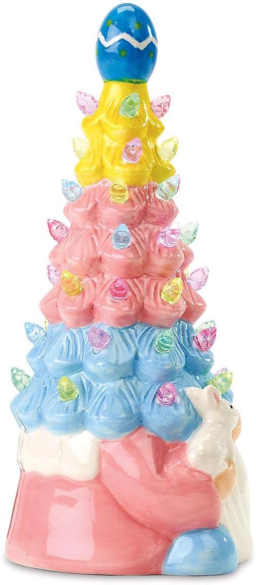 Current Easter Gnome Light-Up Figurine -10" Tall Ceramic Gnome Tree with LED Pastel Lights, Spring Holiday Table Top Décor with Bunny & Egg Accents
