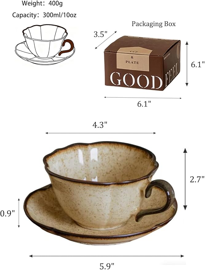 Ceramic Coffee Cup and Saucer Set – 10oz Caramel Kiln-Glazed Ceramic Teacup with Saucer, Vintage Handmade Pottery Mug for Coffee, Tea, or Latte
