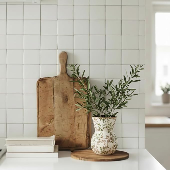 JIEMEI HOME Kitchen Utensil Holder for Countertop, 7.56" Ceramic Large Rustic Utensil Crock, Farmhouse Cooking Tool Organizer, Spatula Holder For Kitchen Decor, Green and Brown Floral