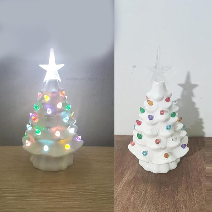 Small Resin Christmas Tree Decor, Tabletop Christmas Tree Star Topper, Holiday Decoration with 40 Multi-Color Lights, Xmas Fall Decorations for Home (Cream White)