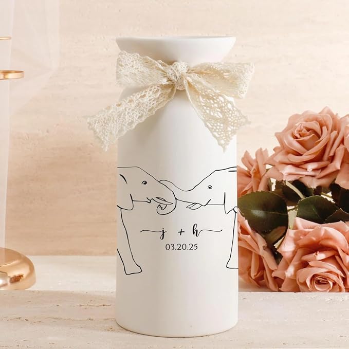 Personalized Wedding Vase with Custom Names and Date, White Ceramic Flower Bottle with Lace Bow, 3 Sizes.