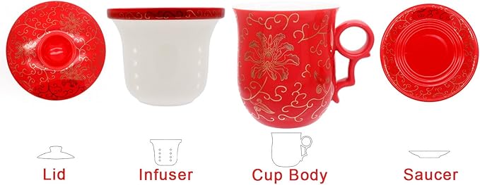 Porcelain Tea Cup with Infuser Lid and Saucer Sets - Chinese Jingdezhen Ceramics Coffee Mug Teacup Loose Leaf Tea Brewing System for Home Office