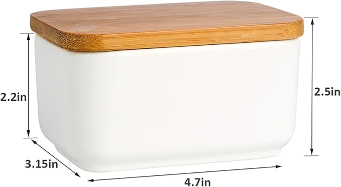 Porcelain Butter Dish with Bamboo Lid, Ceramic Butter Keeper Container for Countertop or Refrigerator, Heat Resistant Kitchen Butter Storage Dish, White (300ml)