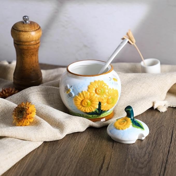 123Arts Sugar Bowl Sunflower Jar Ceramic Hand Drawn Spice Jar Storage Jar Ornament
