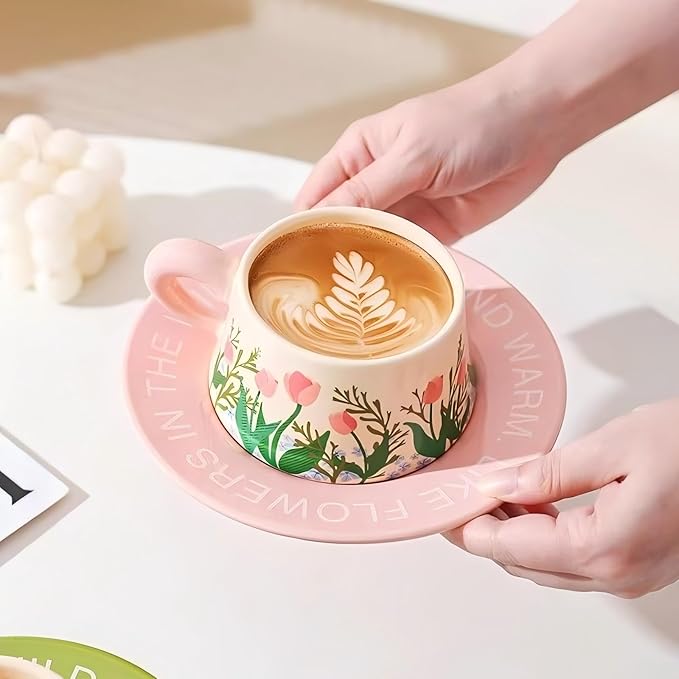 Cute Ceramic Coffee Mug and Saucer Set for Women, Spring Floral Embossed Design, 9.5oz/280ml, Perfect for Home, Office & Holiday Gifts (Green Lily of the Valley)