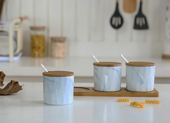 Set of 3 Marble Ceramic Condiment Spice Jars With Spoons and Bamboo Lids and Tray (Blue)