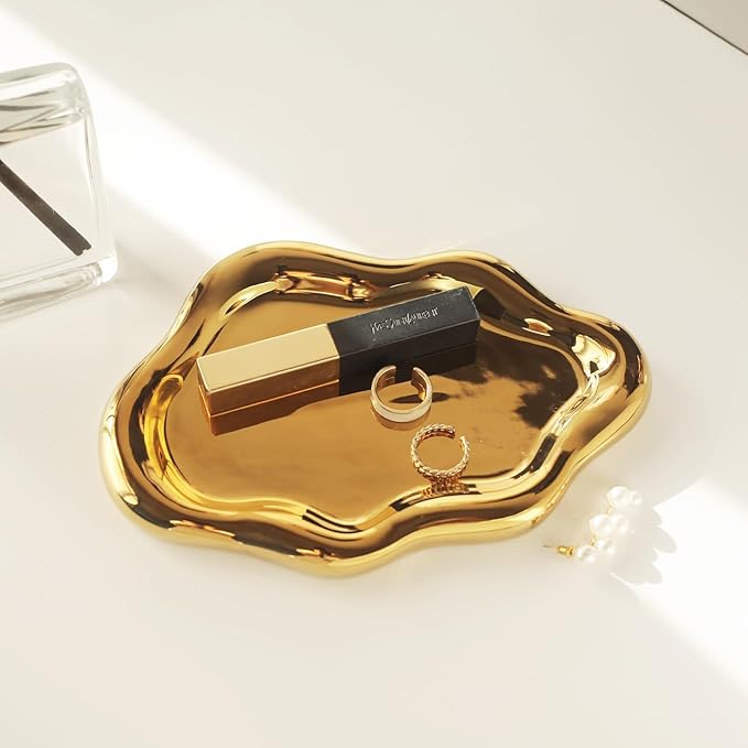 Jewelry Dish Trinket Tray for Women, Ring Dish Holder, Unique Cloud Shape Ceramic Plate Cute Things Vanity Aesthetic Room Decor Mother's Day Birthday (Gold)