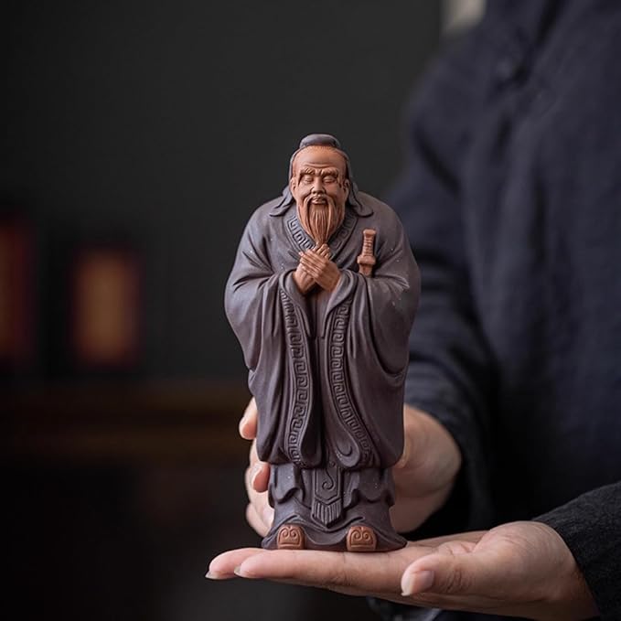 Traditional Chinese Purple Clay Confucius Statue, Ceramic Sculpture, Gray, 8.5x6.7x18.5cm, Decorative Collectible Art