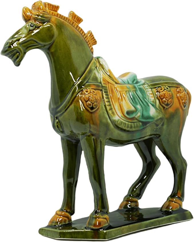 Handmade Tang Dynasty Tri-Color Horse Ceramic Sculpture - 19cm Traditional Chinese Cultural Art Decor - Symbol of Prosperity & Good Fortune - Perfect for Home, Office, Bookcase Shelf(Grass Green)