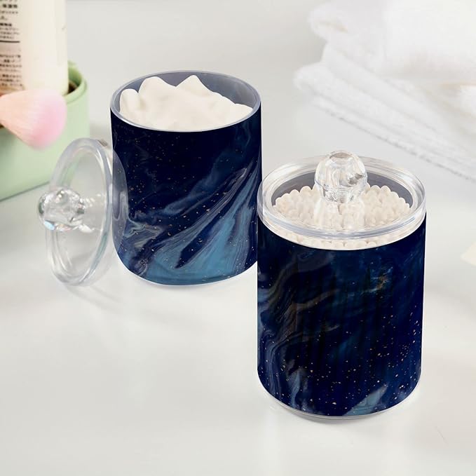 MNSRUU 2 Pack Qtip Holder Organizer Dispenser Beautiful Navy Blue Marble Bathroom Storage Canister Cotton Ball Holder Bathroom Containers for Cotton Swabs/Pads/Floss