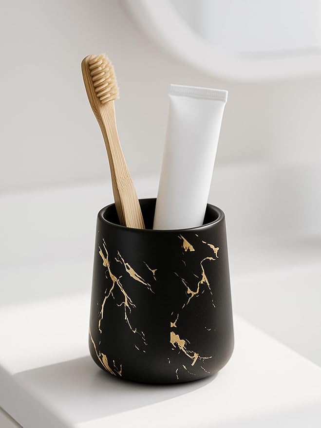 Black Marble Ceramic Toothbrush Holder Cup – 14.2oz Bathroom Tumbler for Toothbrushes or Makeup Brushes, Matte Black with Gold Veins