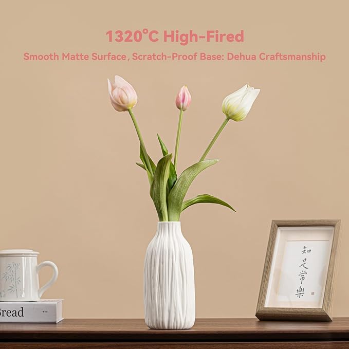 White Ceramic Vase for Home Decor – Minimalist Decorative Vase for Living Room & Office,7.2" Vase for Pampas Grass & Centerpieces, Modern Unique Flower Vase Gift for Friends or Yourself