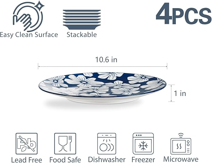 ONEMORE Dinner Plates Set of 4, 10.5 Inch Porcelain Plate, Blue and White Salad Dessert Plates, Microwave & Dishwasher Safe Scratch Resistant Large Serving Dish Plate